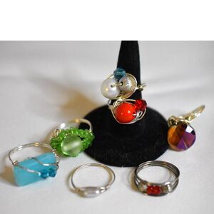 Handcrafted 7 Silver Tone Wire Wrap Multi Color Stones/Crystals Sz 8-11 Rings